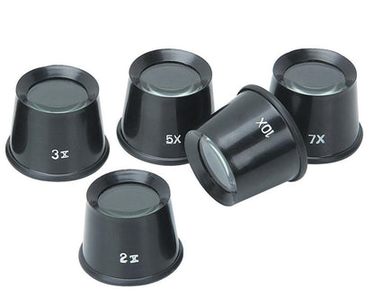 Augenlupenset mit fünf Lupen 2x, 3x, 5x, 7x und 10x